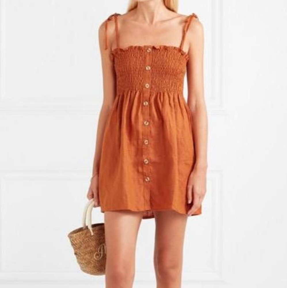 Faithfull the Brand S Smocked Linen Mini Dress